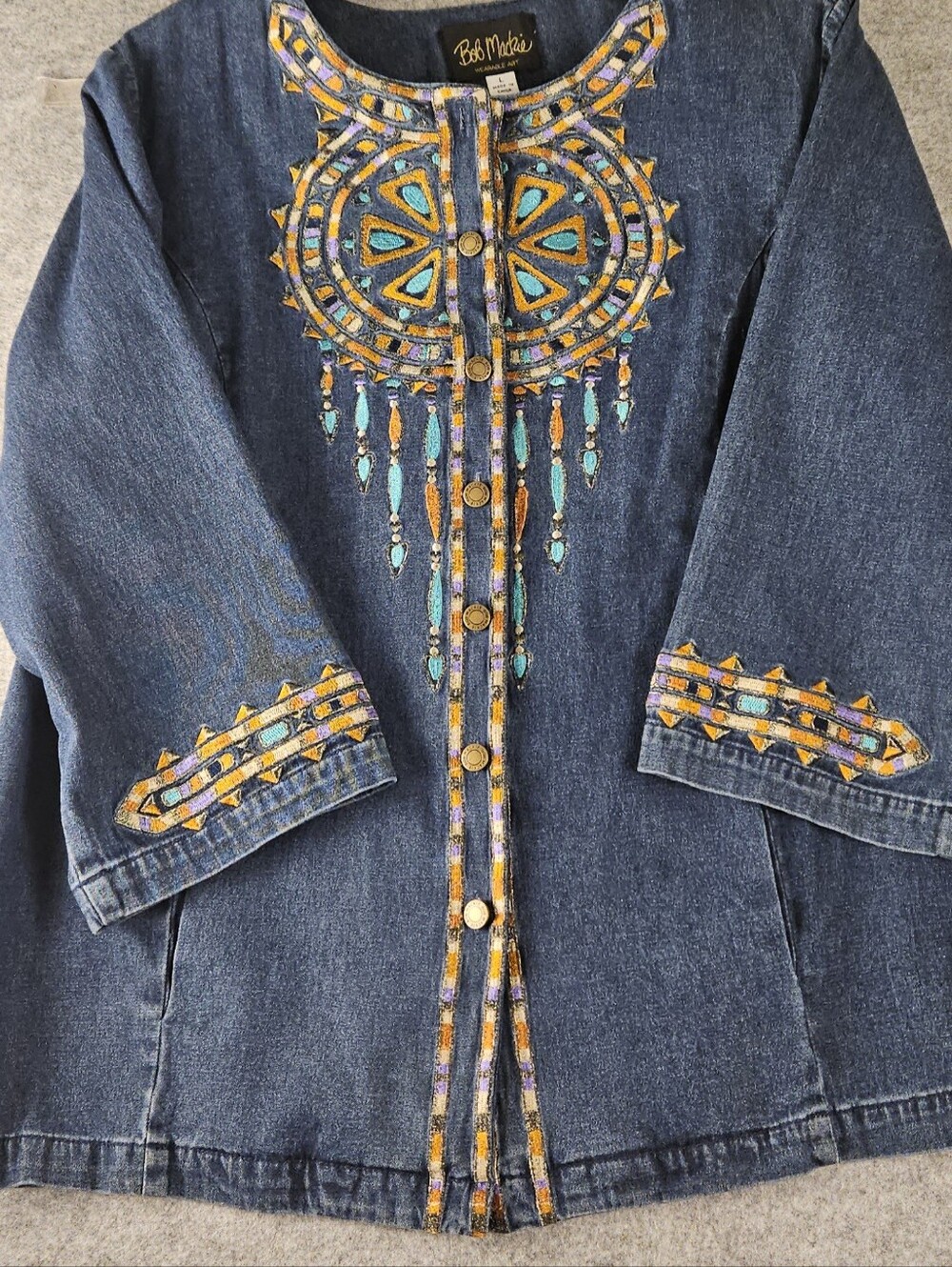 Bob Mackie Wearable Art L Denim Embroidered Southwest  Tunic Jacket Dreamcatcher
